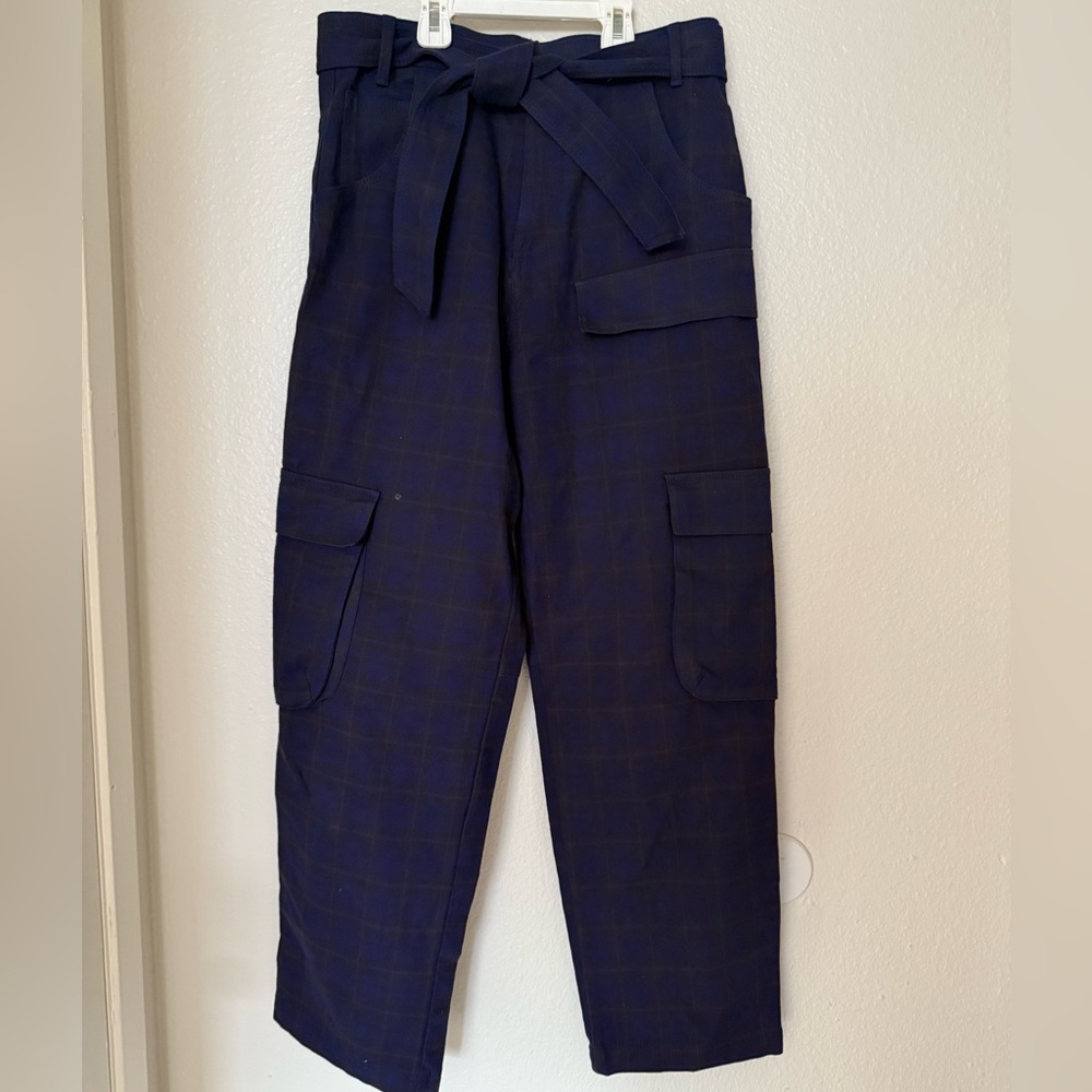 Zara Navy Blue Plaid Cargo Pants